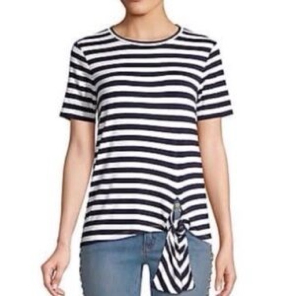 Michael Michael Kors Short Sleeve Striped Top With Bottom Knot Detail Size Small